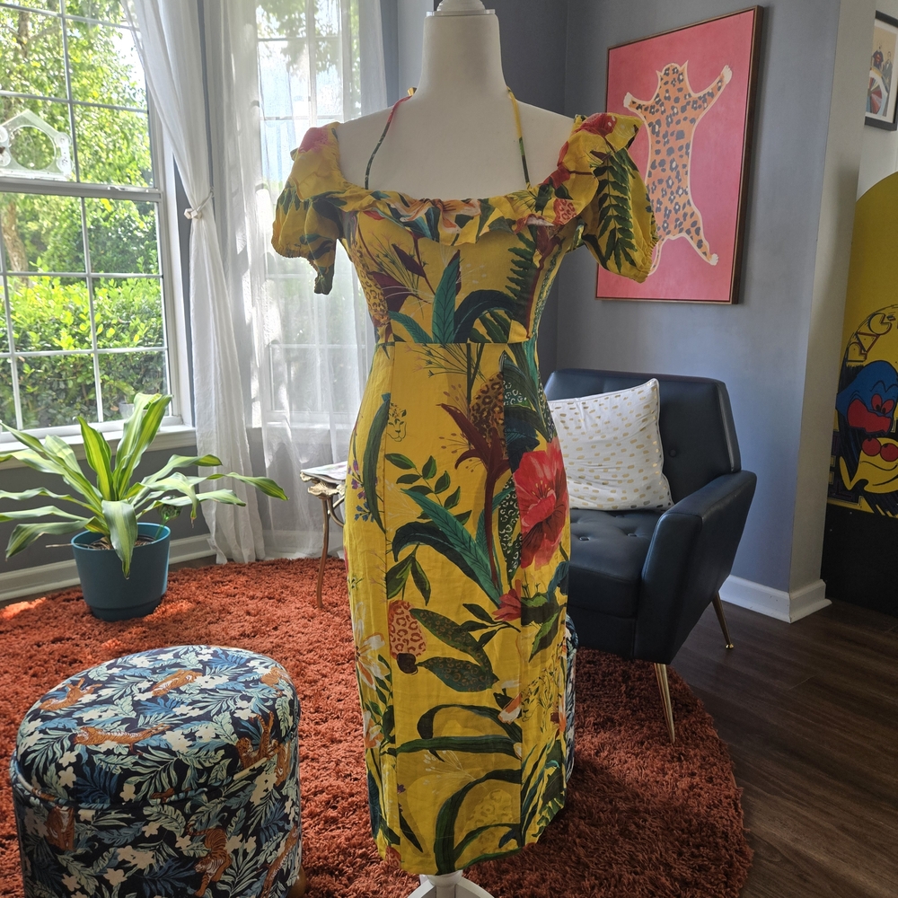 NWT Farm Rio Golden Jungle Linen Dress